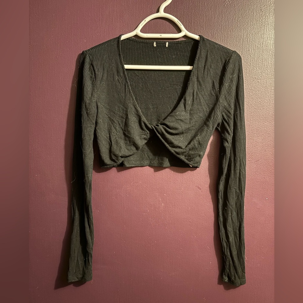 Garage Black Ribbed Twist-Front Cropped Long Sleeve Top